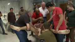 Pissed off janitor fucked in bondage by horny bathroom cruisers