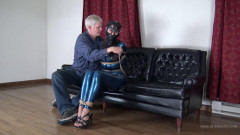 Arielle Lane - Catsuit Captive Head Harness gagged and Hogtied