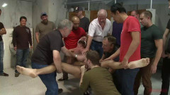 Pissed off janitor fucked in bondage by horny bathroom cruisers