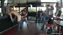 Two hairy sluts get abused in a bar full of horny strangers